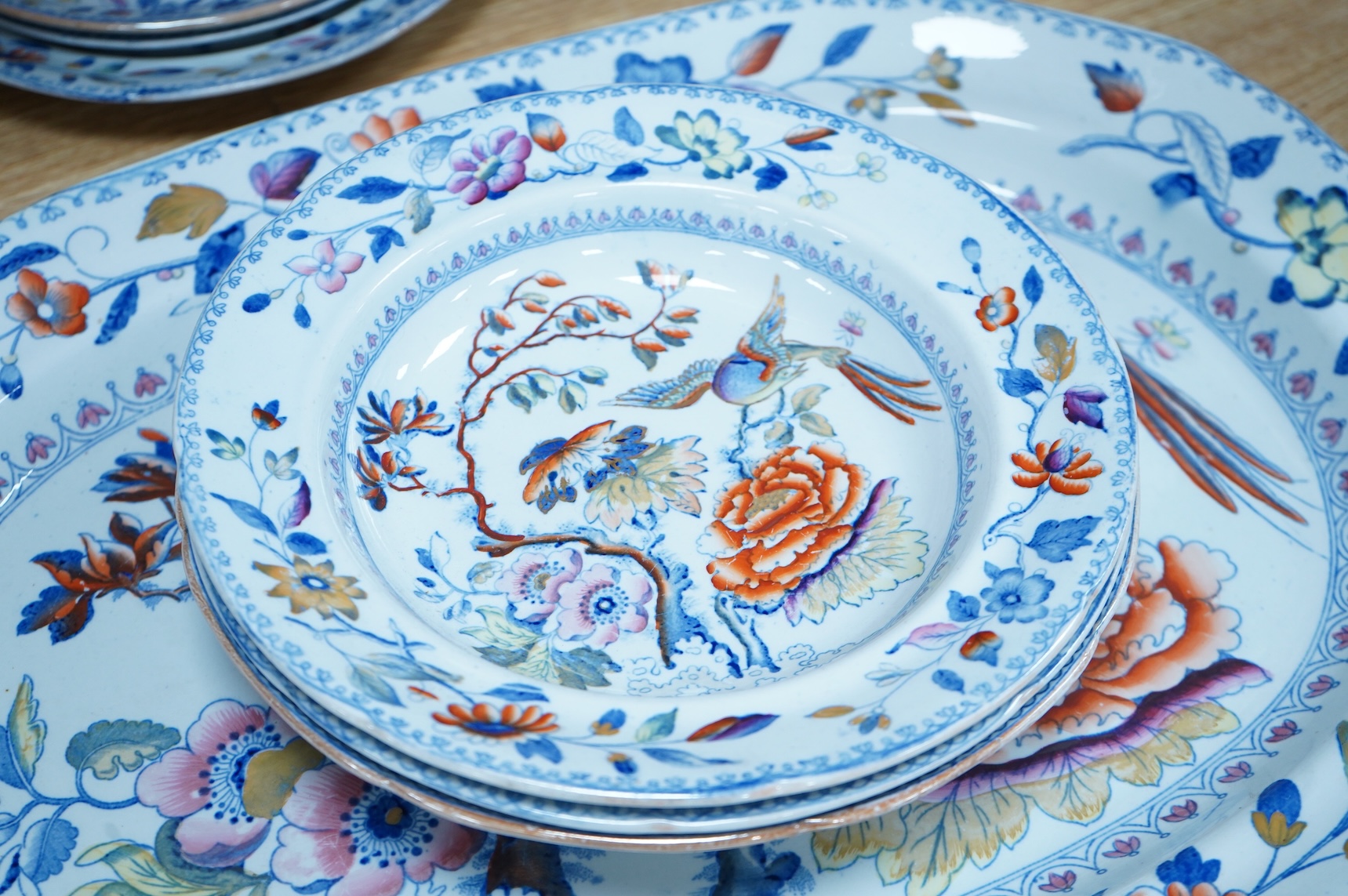 An early 19th century Davenport ironstone part dinner service, eight items, and four matching Stone China dessert dishes, meat plate 50cm